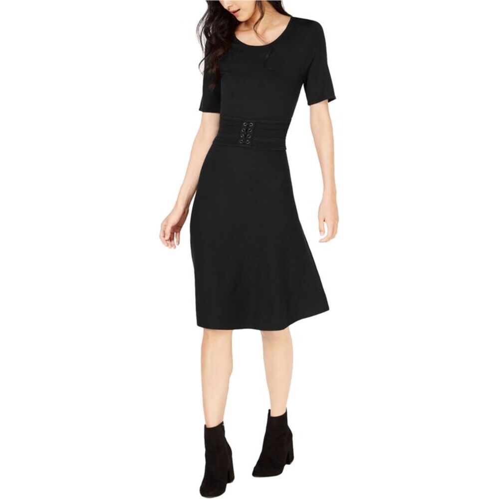 maison Jules Womens Belted Fit & Flare Dress, Black, 2XL, DM